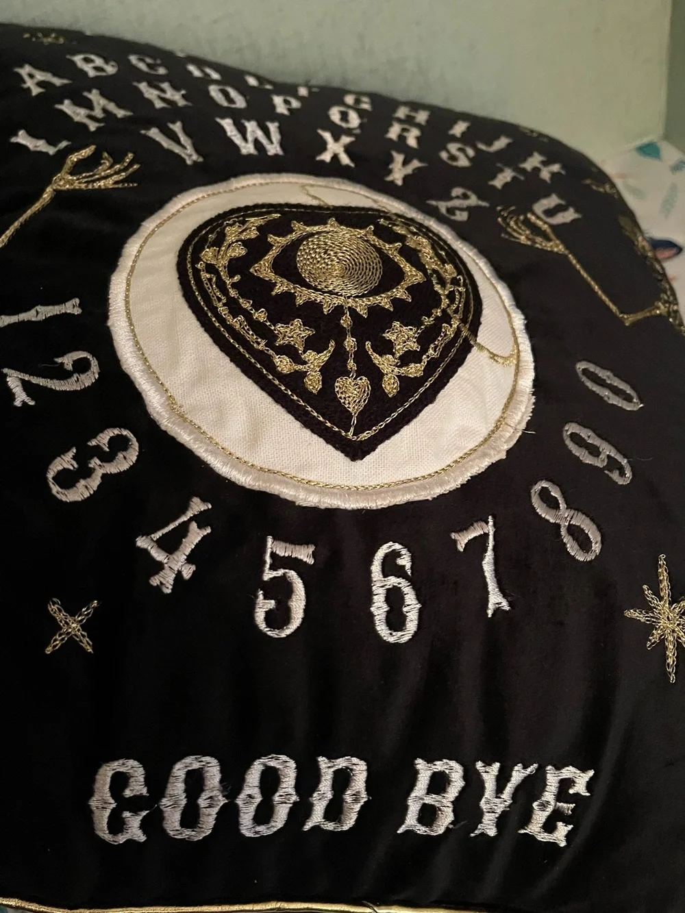 Ouija Planchette Embroidered Velvet Pillow - Black and Gold with Skeletons